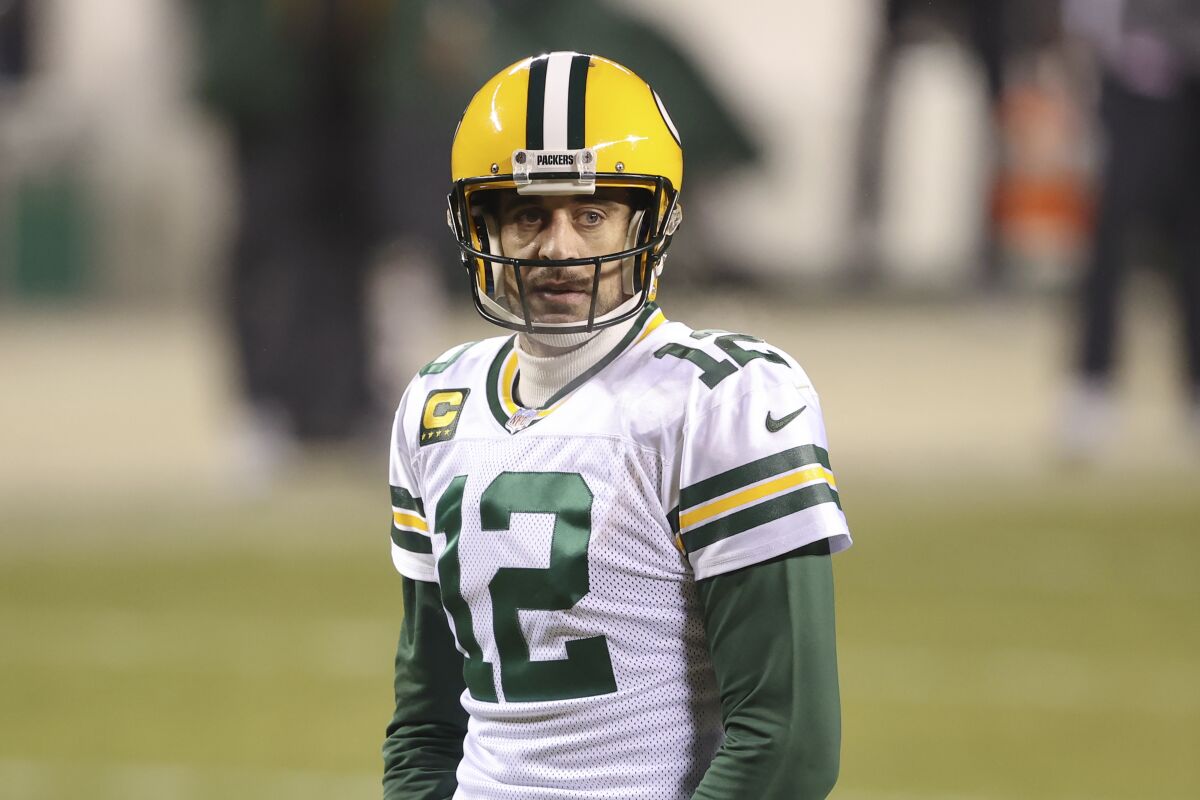 Green Bay Packers quarterback Aaron Rodgers looks on during the second half against the Chicago Bears.