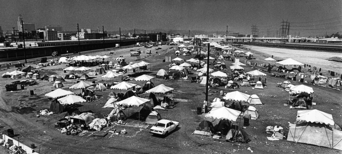 Sep. 24, 1987: The "urban campground" as seen from the 4th Street bridge, the day before it was shut down.