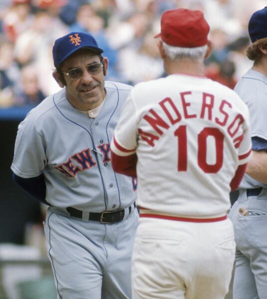 Managers Yogi Berra of the New York Mets and Sparky Anderson of the Cincinnati Reds chat before a game of the 1973 National League Championship Series at Riverfront Stadium in Cincinnati, Ohio.