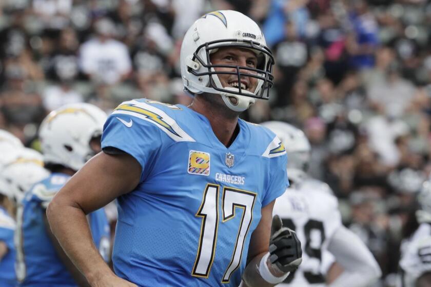 CARSON, CA, SIUNDAY, OCTOBER 7, 2018 - Quarterback Philip Rivers smiles after leading the Chargers on a first half scoring drive against the Raiders at StubHub Center. (Robert Gauthier/Los Angeles Times)