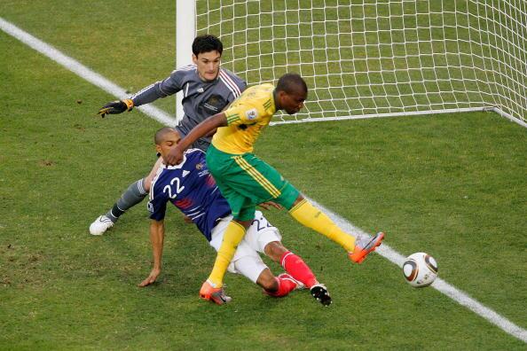 Katlego Mphela of South Africa scores his team's second goal during the 2010 FIFA World Cup South Africa Group A match between France and South Africa at the Free State Stadium on June 22, 2010 in Mangaung/Bloemfontein, South Africa.