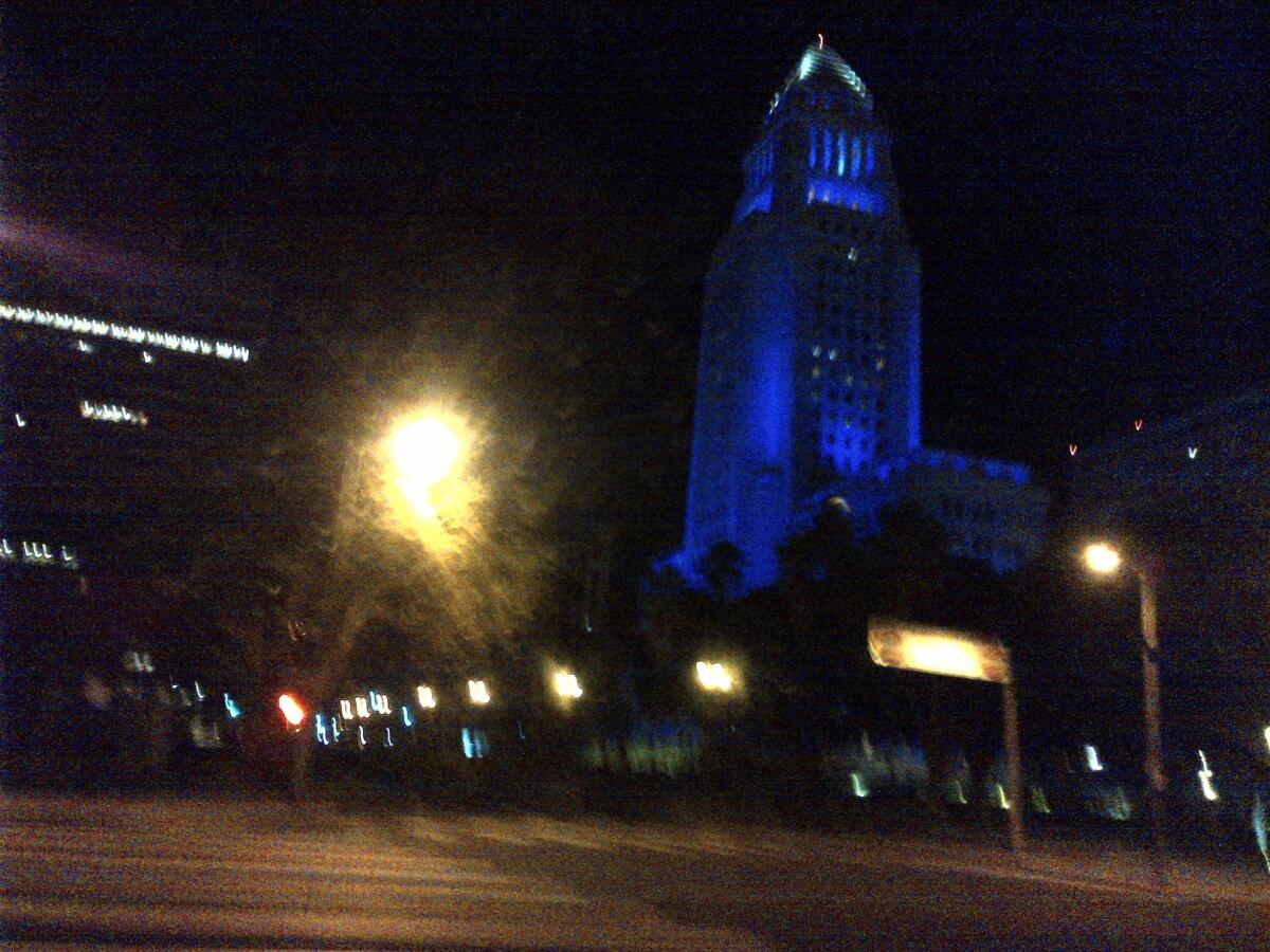 L.A. City Hall was lighted up in Dodger blue early Tuesday following the Dodgers' home win over the St. Louis Cardinals on Monday.