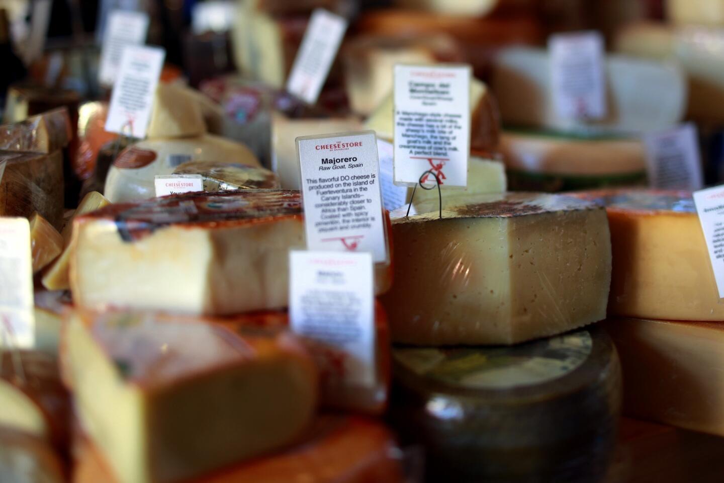 The cheese shop is stocked with cheeses, wine and a small selection of pantry goods. The wraparound cheese case is always laden with a comprehensive mix of imported and domestic cheeses. And cheesy sandwiches abound.