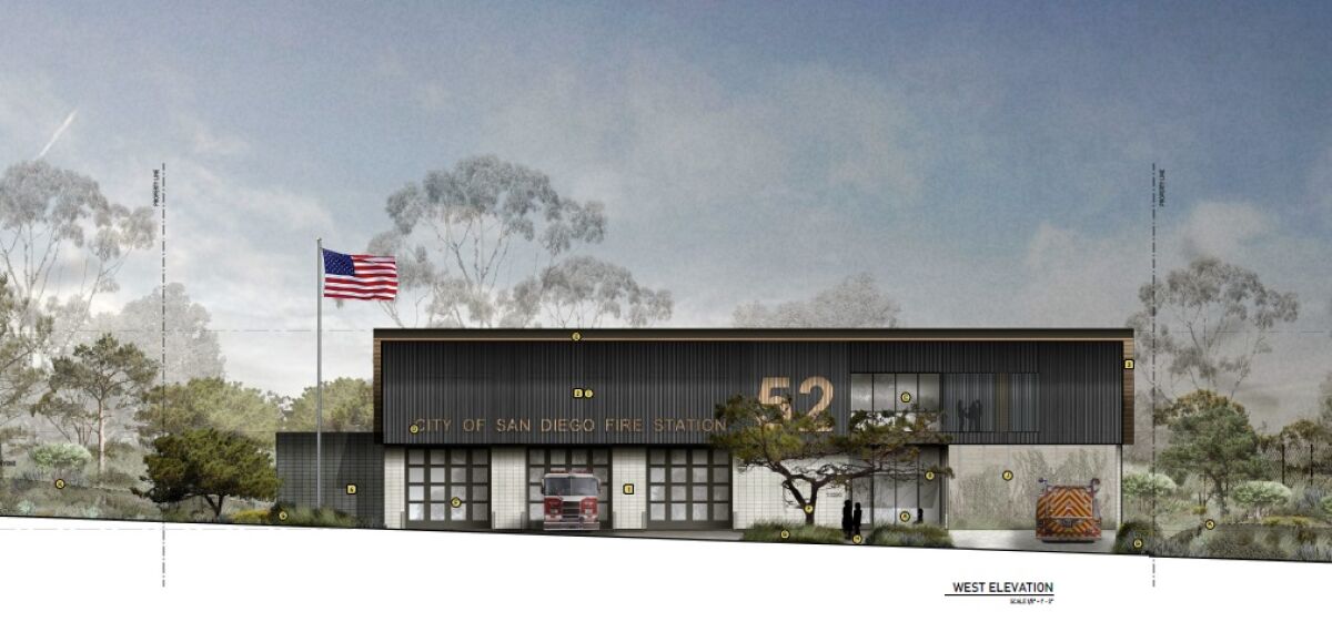 A rendering depicts a new fire station planned for the corner of North Torrey Pines Road and Genesee Avenue.
