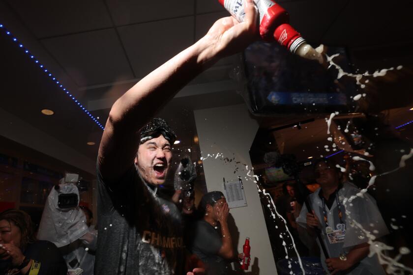 uLOS ANGELES, CALIFORNIA - OCTOBER 20: Shohei Ohtani #17 of the Los Angeles Dodgers celebrates after defeating the New York Mets 10-5 in game six of the National League Championship Series to move onto the World Series at Dodger Field on Sunday, Oct. 20, 2024 in Los Angeles.(Robert Gauthier / Los Angeles Times)