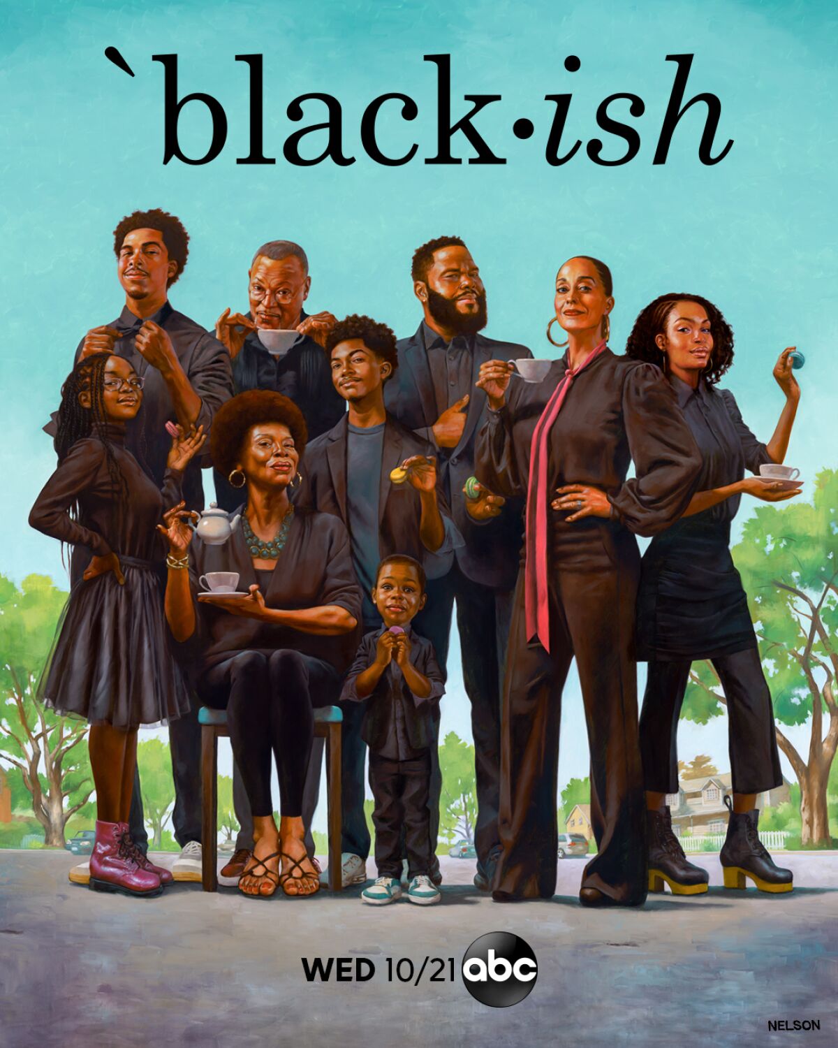 The key art for Season 7 of "black-ish," featuring Kadir Nelson's painting "Black-ish Tea."