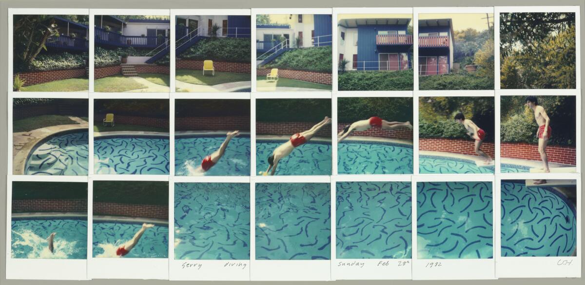 David Hockney, "Jerry Diving Sunday Feb. 28th 1982," composite Polaroid, 10.5 inches by 24.5 inches. (Richard Schmidt)