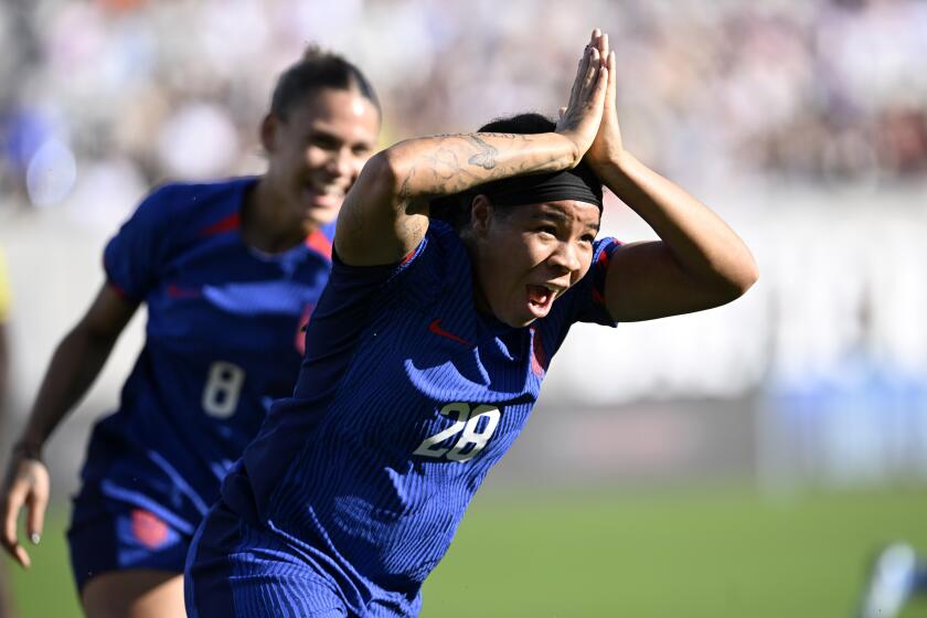 United States forward Mia Fishel (28) celebrates after scoring against Colombia during the second half of an international friendly soccer match Sunday, Oct. 29, 2023, in San Diego. (AP Photo/Alex Gallardo)
