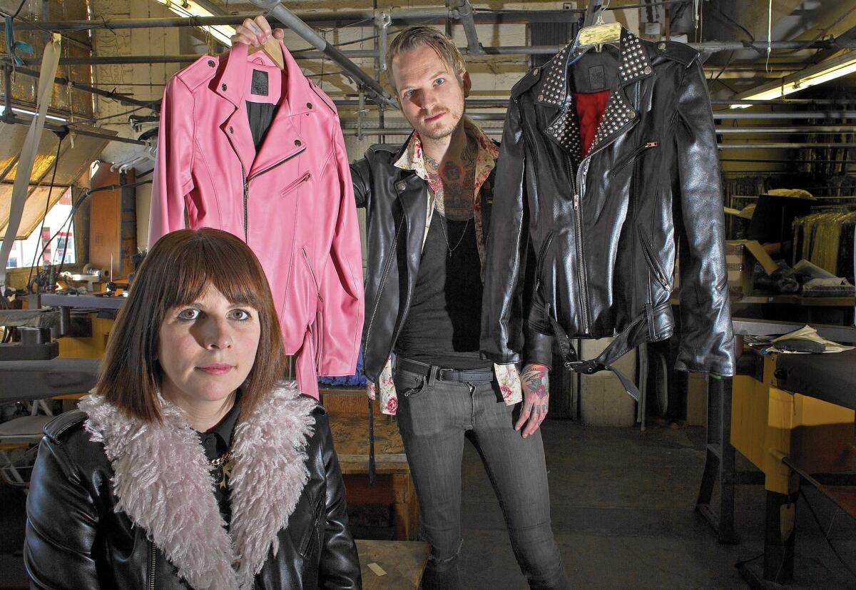 Sarah Brannon and ex-husband Mikey Brannon, founders of Los Angeles brand James Payne, make luxury vegan apparel that includes faux leather jackets.