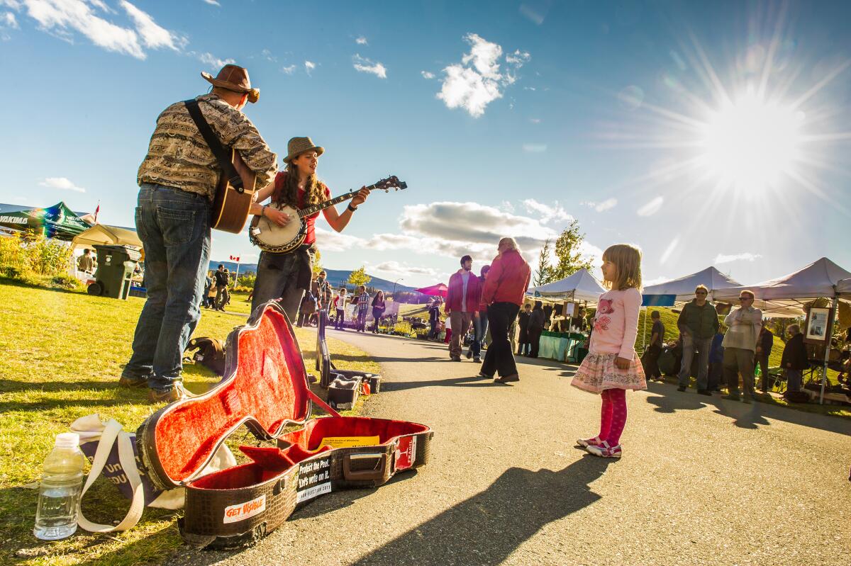 Musicians performing at the Fireweed Community Market, in Whitehorse, the Yukon’s capital.