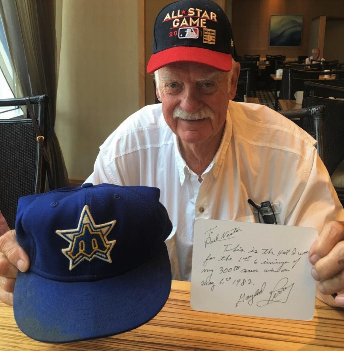 In 2016, pitcher Gaylord Perry displayed the hat he wore pitching his 300th winning game in 1982 with his note to Paul Nestor