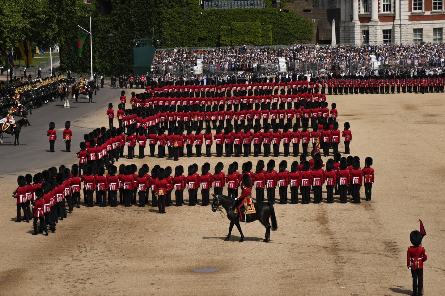 The queen's guards march during the Trooping the Color parade.