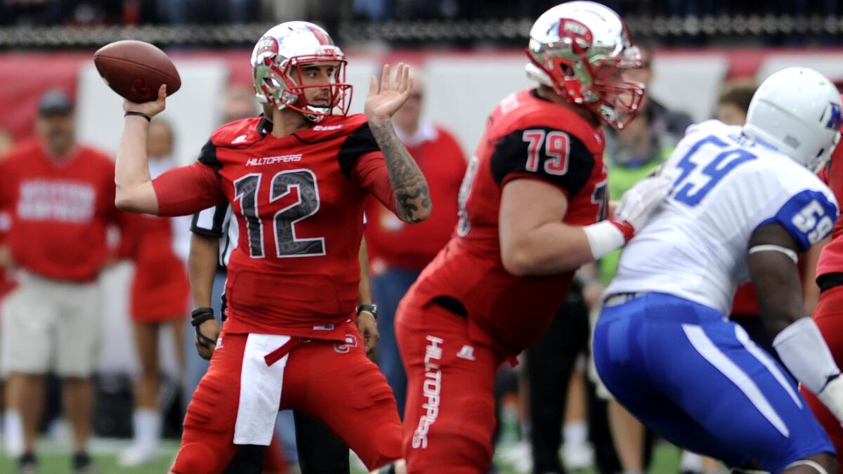 Quarterback Brandon Doughty (12) and Western Kentucky will take on No. 5 Louisiana State in a marquee matchup of up-and-coming mid-major program versus national powerhouse.