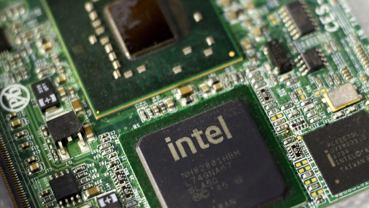 A close-up view of an Intel computer circuit board.