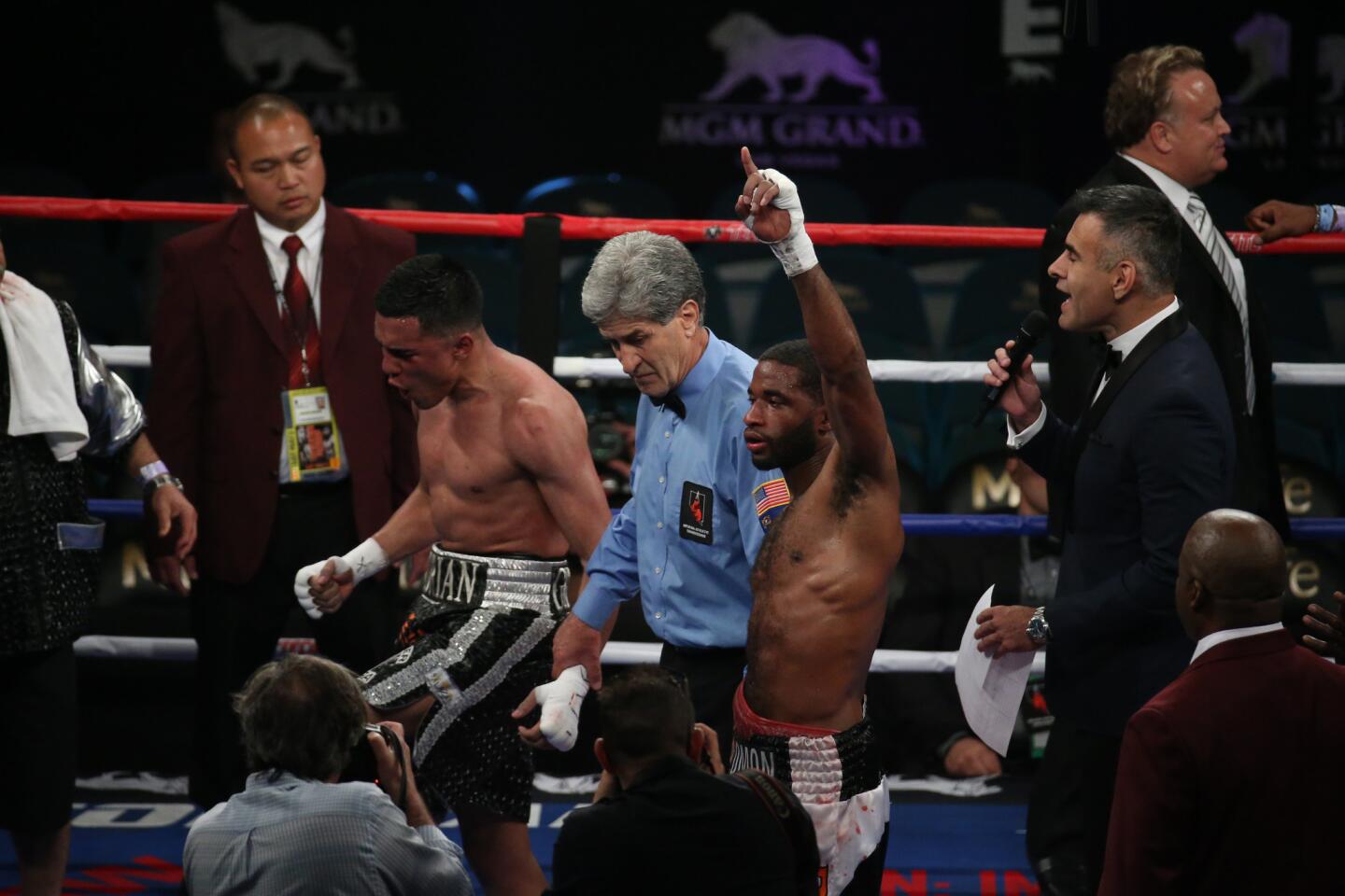 Brad Solomon celebrates after beating Adrian R. Granado in a super-middleweight fight, which was the first on the Mayweather-Pacquiao undercard Saturday at the MGM Grand Garden Arena in Las Vegas.
