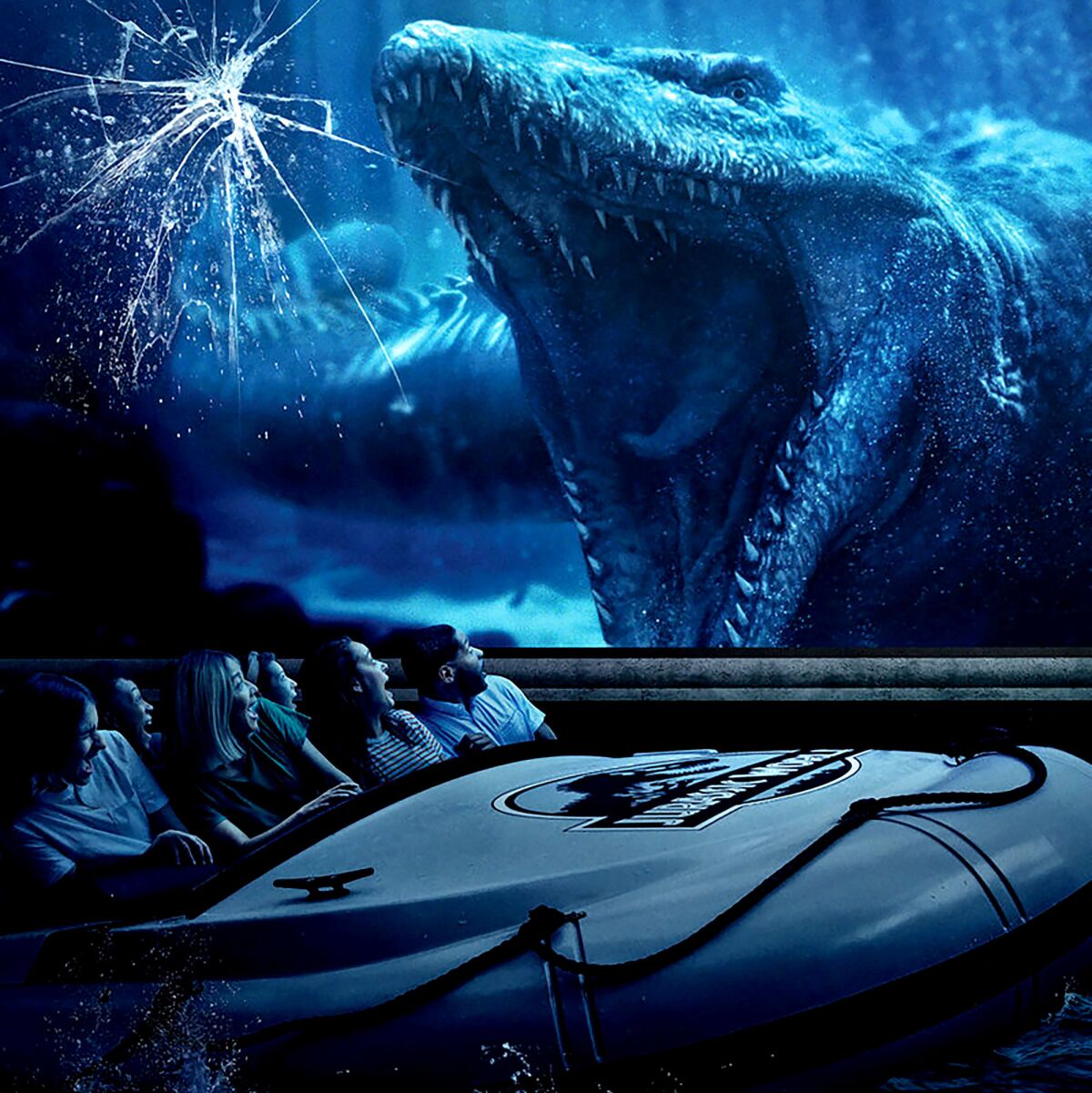 The newly opened "Jurassic World: The Ride" at Universal Studios Hollywood replaces the 23-year-old Jurassic Park ride, which closed in September. Featured dino: mosasaurus.