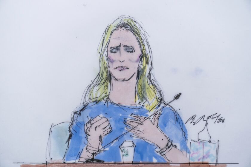 In this courtroom artist sketch, Jennifer Siebel Newsom, a documentary filmmaker and the wife of California Gov. Gavin Newsom, testifies at the trial of Harvey Weinstein in Los Angeles, Monday, Nov. 14, 2022. (Bill Robles via AP)