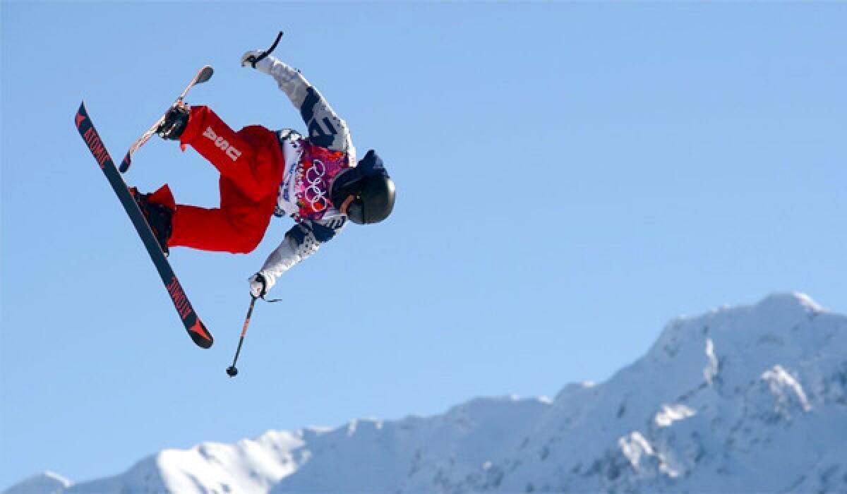 U.S. skier Joss Christensen gets in a practice run for Ski Slopestyle ahead of the Sochi 2014 Winter Olympics at the Extreme Park at Rosa Khutor Mountain.