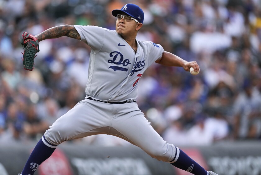 Dodgers pitcher Julio Urias works in the first inning against the Colorado Rockies.