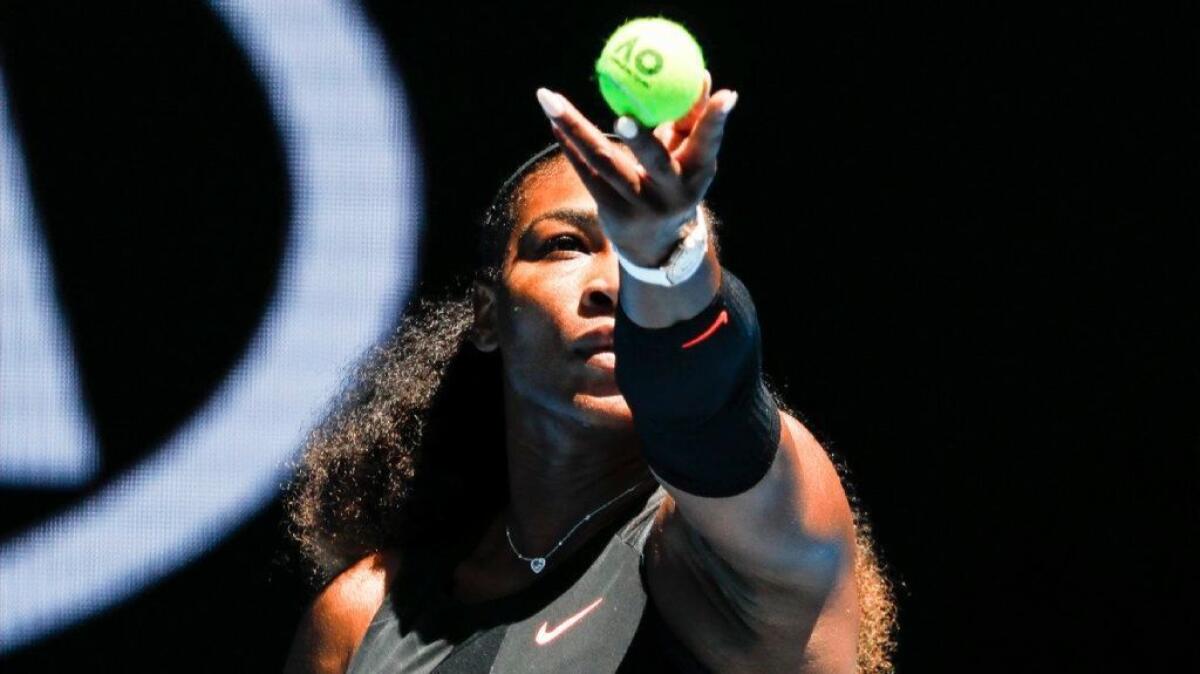 Serena Williams prepares to serve to Johanna Konta of Britain during their quarterfinal match at the Australian on Jan. 25.