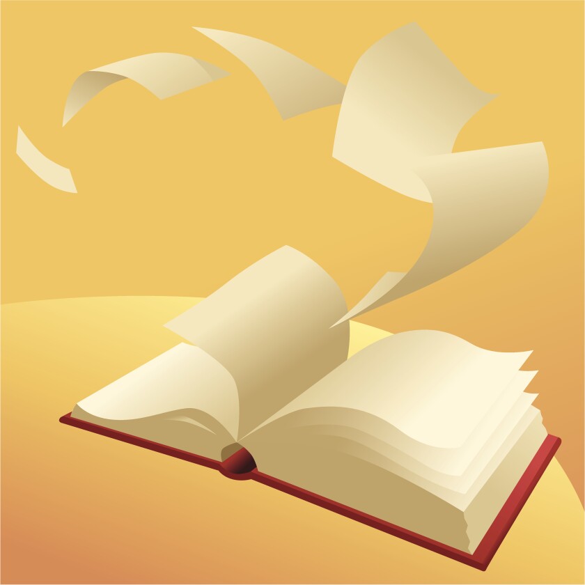 Shown is an illustration of a book with the pages flying away.