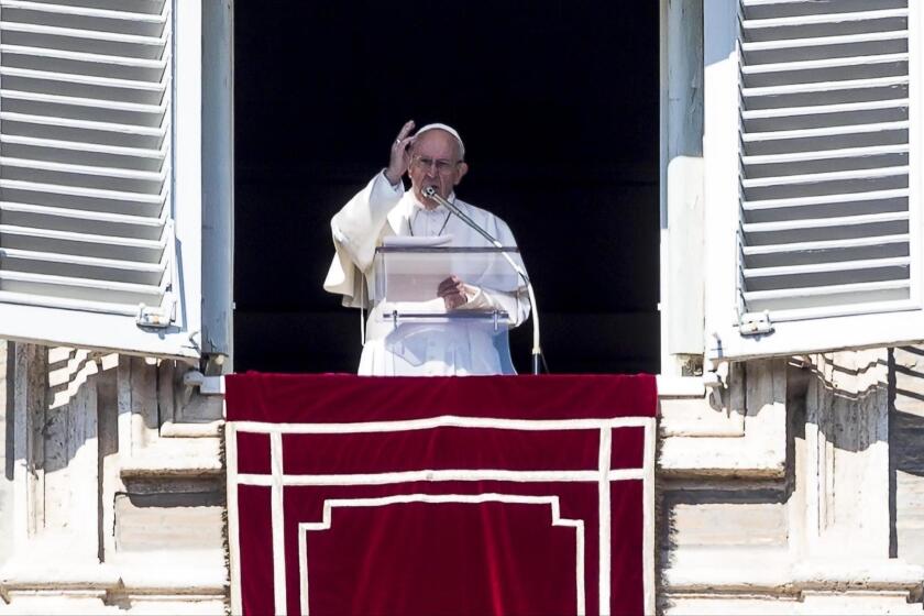 Mandatory Credit: Photo by ANGELO CARCONI/EPA-EFE/REX (10109144c) Pope Francis celebrates the traditional sunday Angelus Prayer for the faithful on St. Peter's Square from a window of his rooms at the Apostolic Palace, in Vatican City, 17 February 2019. Pope Francis celebrates Angelus prayer, Vatican City, Vatican City State (Holy See) - 17 Feb 2019 ** Usable by LA, CT and MoD ONLY **