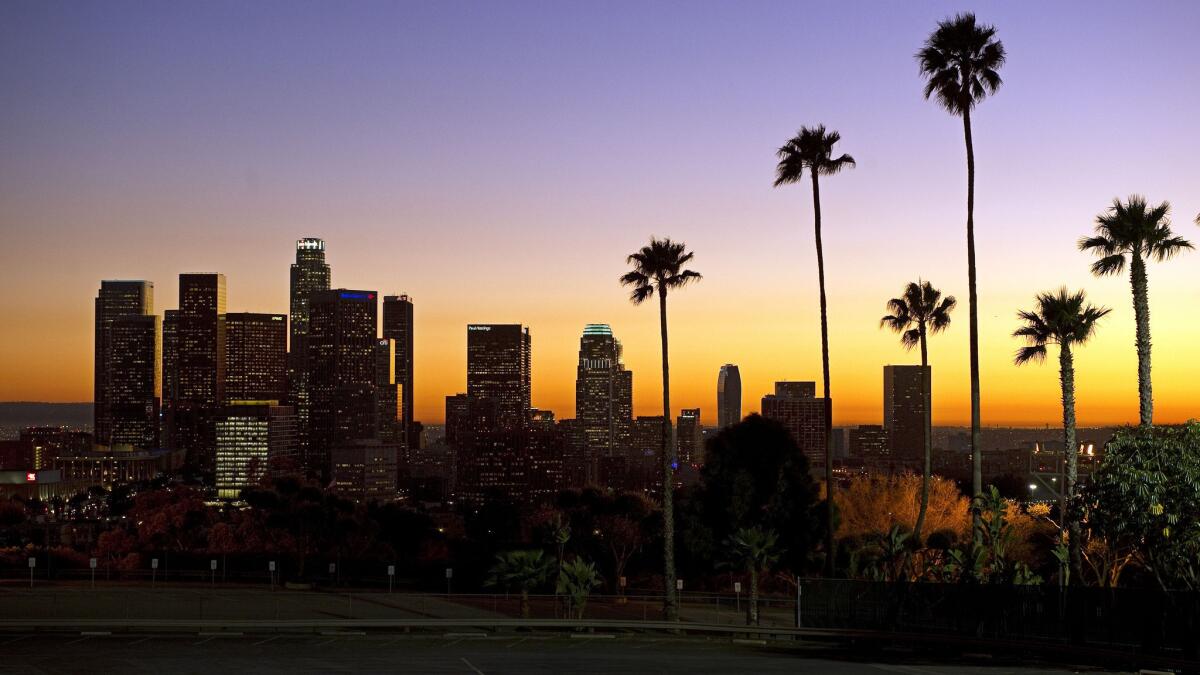 Skyscrapers of downtown Los Angeles against sunset