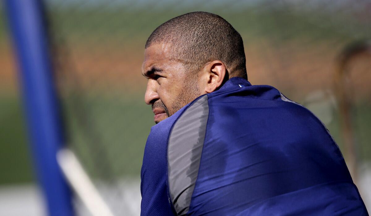 Dodgers outfielder Matt Kemp waits his turn for batting practice during a pregame workout on Wednesday.