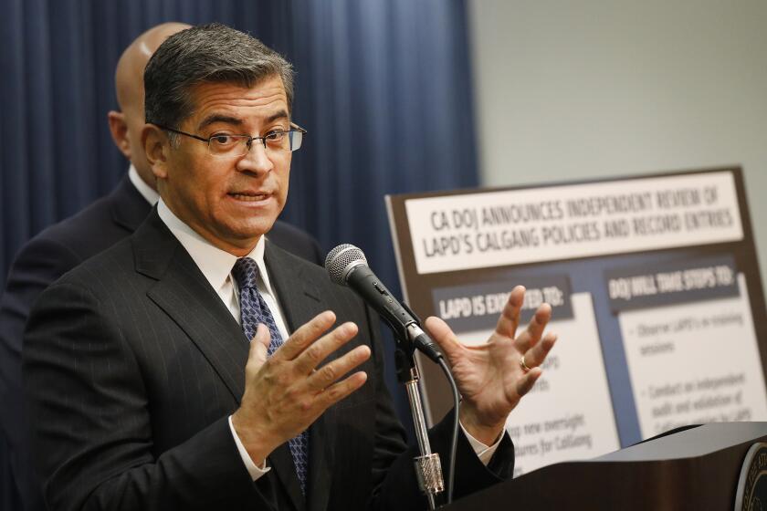 LOS ANGELES, CA - FEBRUARY 10, 2020 California Attorney General Xavier Becerra announces at a press conference in Los Angeles that the California Department of Justice will conduct an independent review of the LAPD records and policies regarding use of CalGang, a criminal intelligence database used by law en forcemeat agencies to share gang-related intelligence. (Al Seib / Los Angeles Times)
