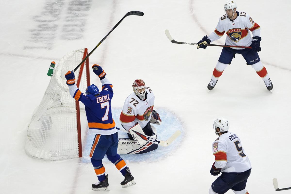 New York Islanders' Jordan Eberle celebrates after scoring on Florida Panthers goalie Sergei Bobrovsky on Aug. 4 in Toronto.