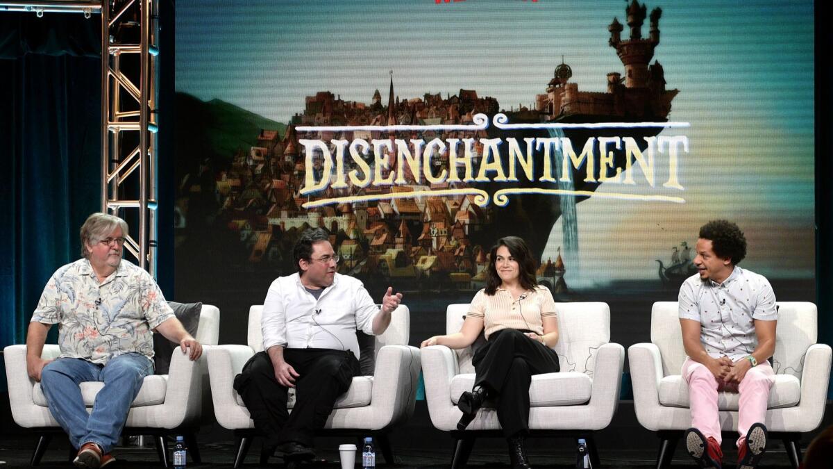 Matt Groening, left, Josh Weinstein, Abbi Jacobson and Eric Andre of "Disenchantment" onstage during Netflix's TCA session at the Beverly Hilton Hotel on Sunday.