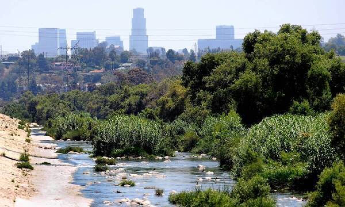 Ambitious plans to change the L.A. River, shown here leading into the downtown area, from eyesore to natural amenity depend largely on an Army Corps of Engineers study expected to be released in August.