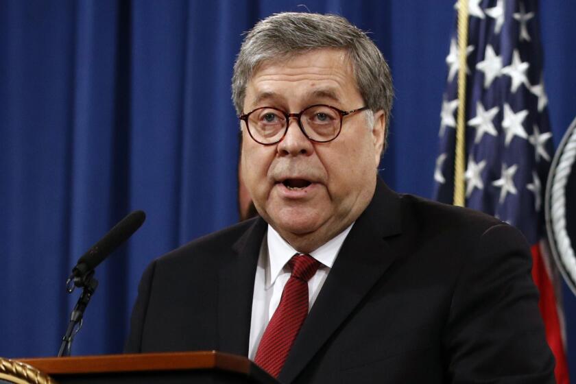 FILE - In this April 18, 2019, file photo, Attorney General William Barr speaks about the release of a redacted version of special counsel Robert Mueller's report during a news conference at the Department of Justice in Washington. (AP Photo/Patrick Semansky, File)