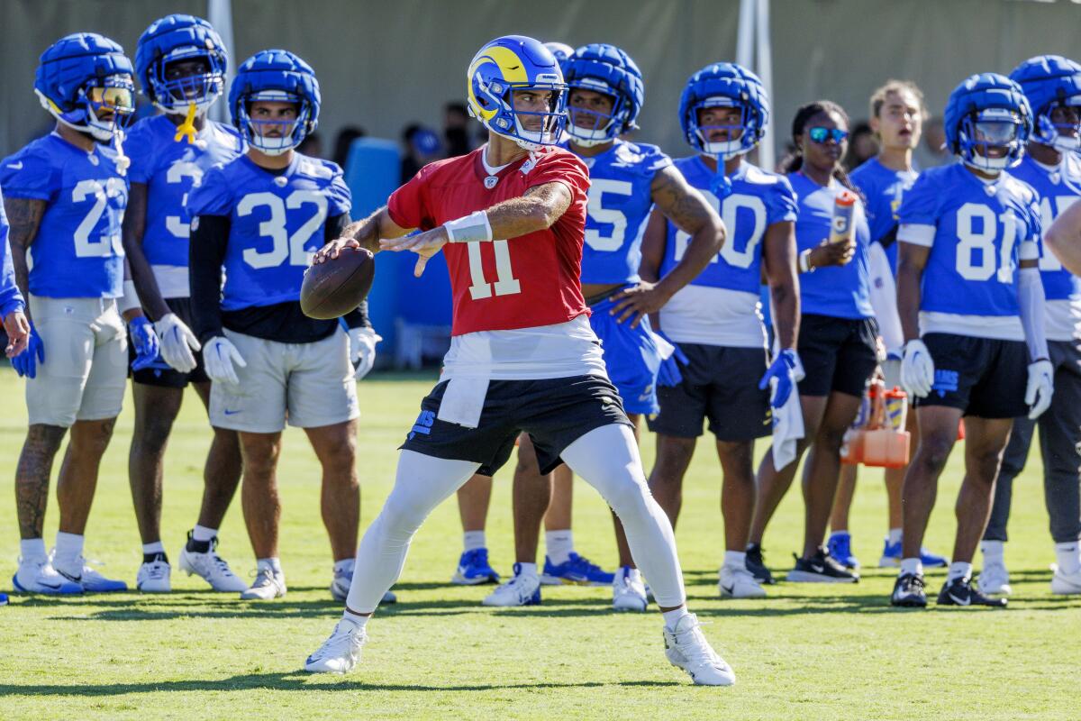 Rams quarterback Jimmy Garoppolo passes during training camp at Loyola Marymount in July.