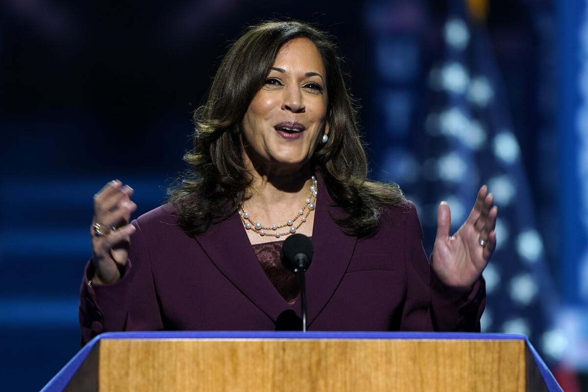 Sen. Kamala Harris of California speaks during the third day of the Democratic National Convention