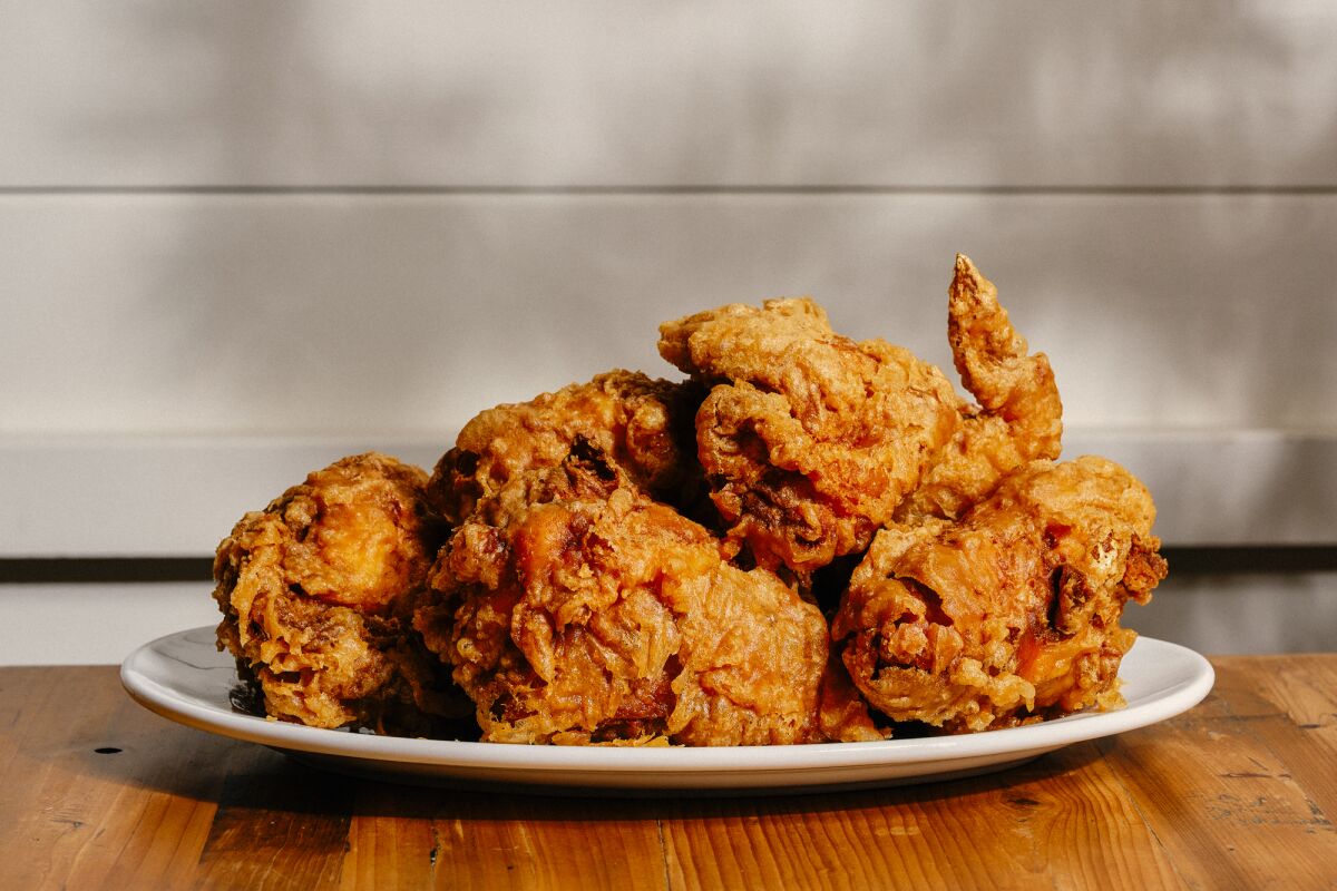 A family meal-sized plate of fried chicken at the new LA location of the legendary New Orleans restaurant, Willie Mae's.