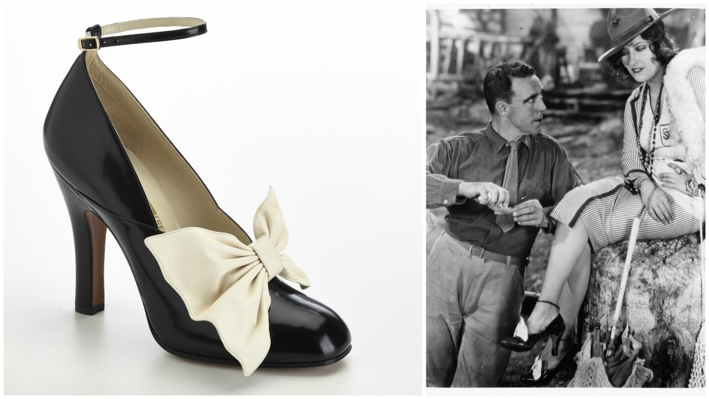 The brushed calfskin Bella pump at left ($1,050) is a replica of the Salvatore Ferragamo shoe worn by Gloria Swanson (far right, with Raoul Walsh) in a scene from the 1928 film "Sadie Thompson."