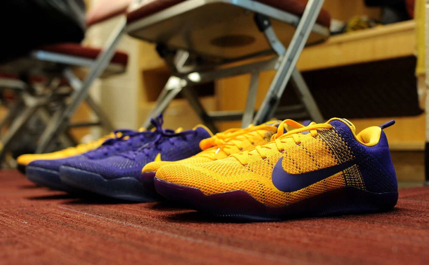 Kobe Bryant's shoes sit in front of his locker before a game against the Rockets in Houston.