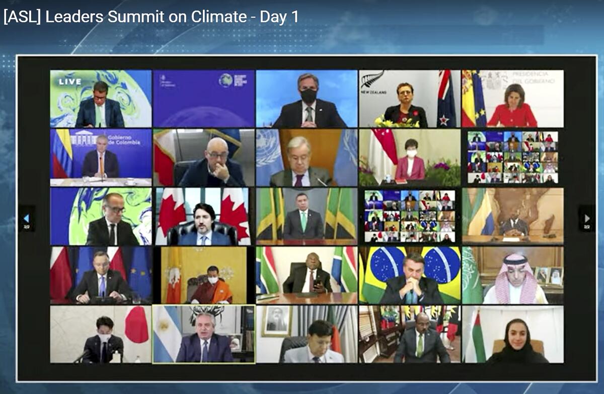 World leaders are shown on Zoom video.