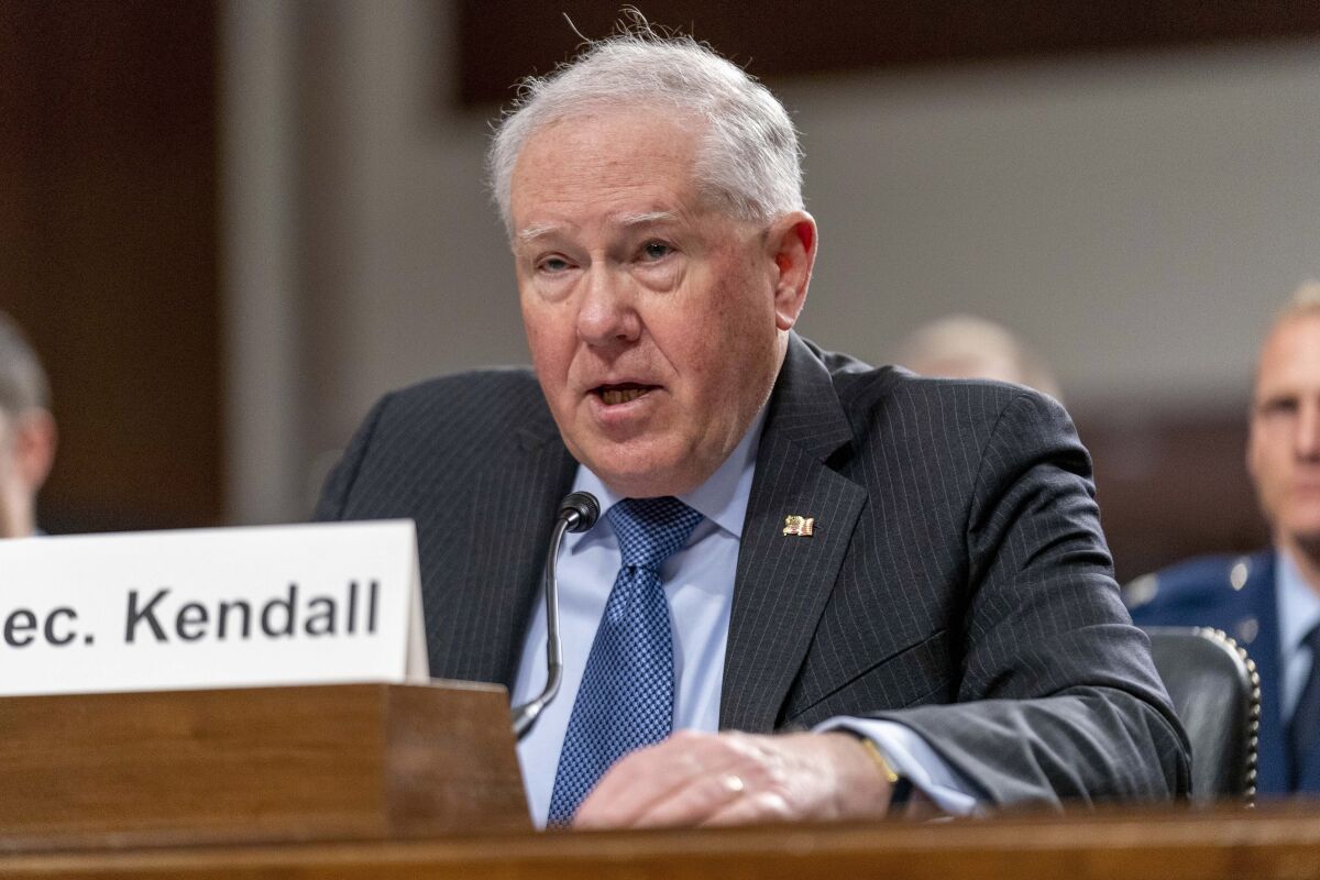 FILE - Secretary of the Air Force Frank Kendall speaks during a Senate Armed Services budget hearing on Capitol Hill in Washington, May 2, 2023. The Air Force said Monday, May 22, that it is looking at ways to better control access to classified information. Kendall told reporters that the Air Force needs to better enforce the rules that govern access to classified information based on whether someone with the correct security clearance also has a need to know the information. (AP Photo/Andrew Harnik, File)