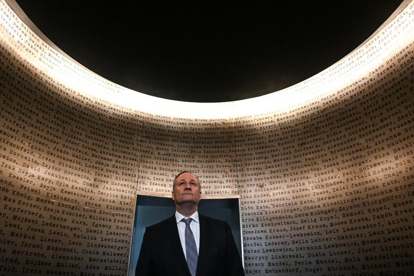 US Second Gentleman Douglas Emhoff visits an installation with workers names inside the Schindler factory museum in Krakow