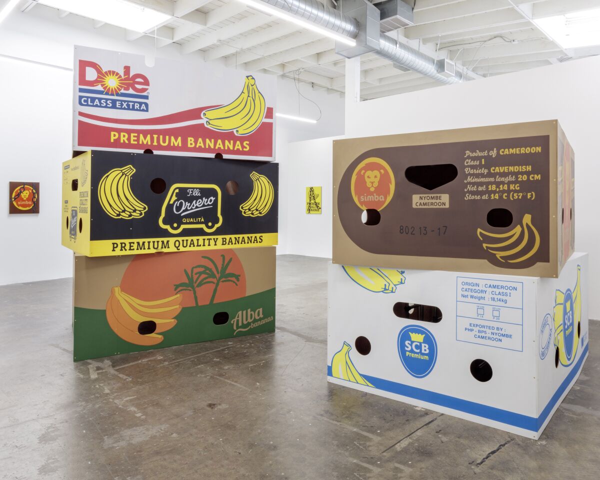 Jebila Okongwu's installation at Baert Gallery in Los Angeles is made to look like large banana crates. 