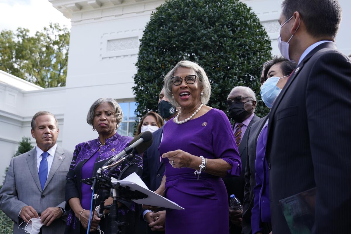Rep. Joyce Beatty speaking outside the White House, flanked by several fellow House Democrats