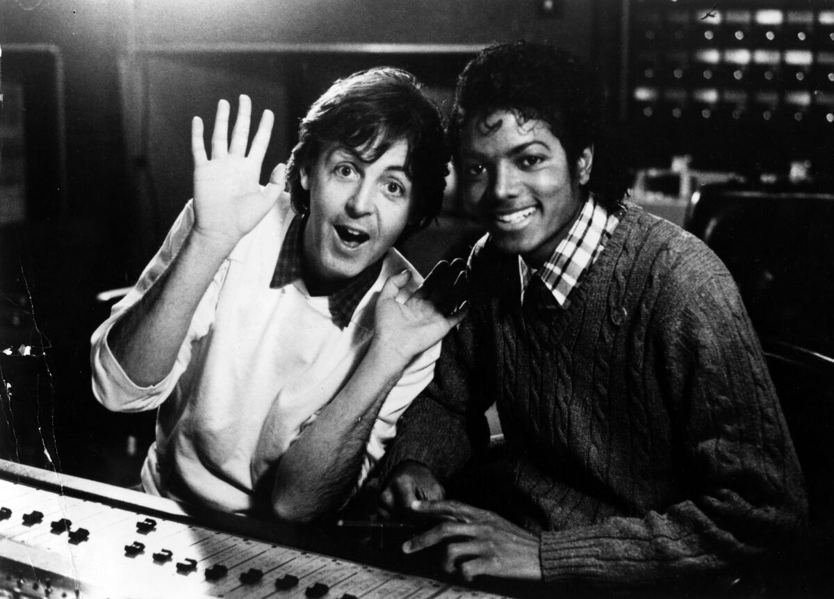 Paul McCartney and Michael Jackson in the studio, 1980. 