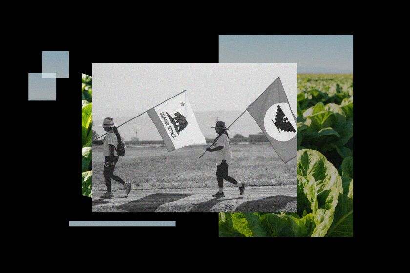 Two women walking, one with a California flag and the other with a UFW flag