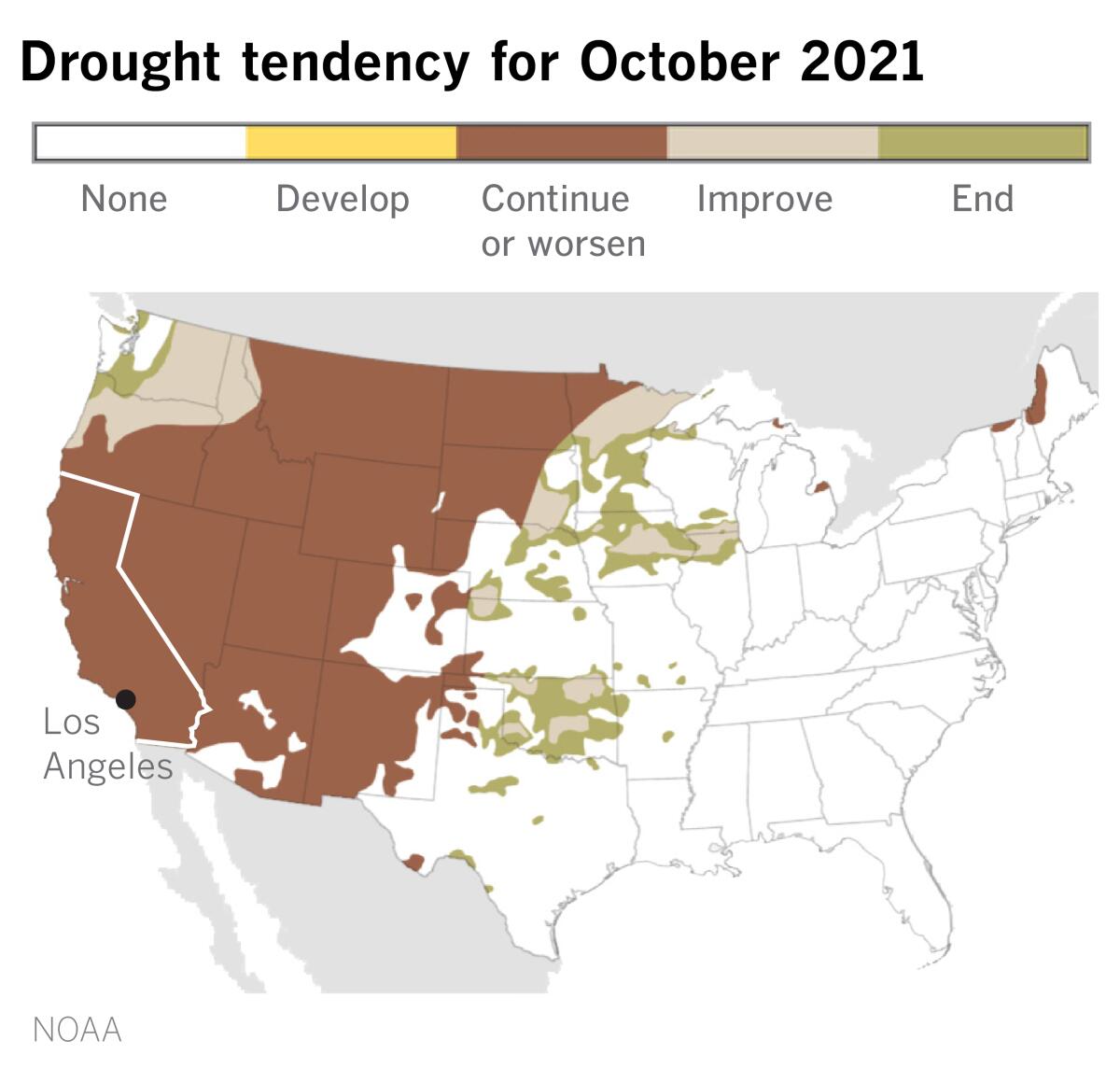A map showing drought tendency in the U.S. for October.