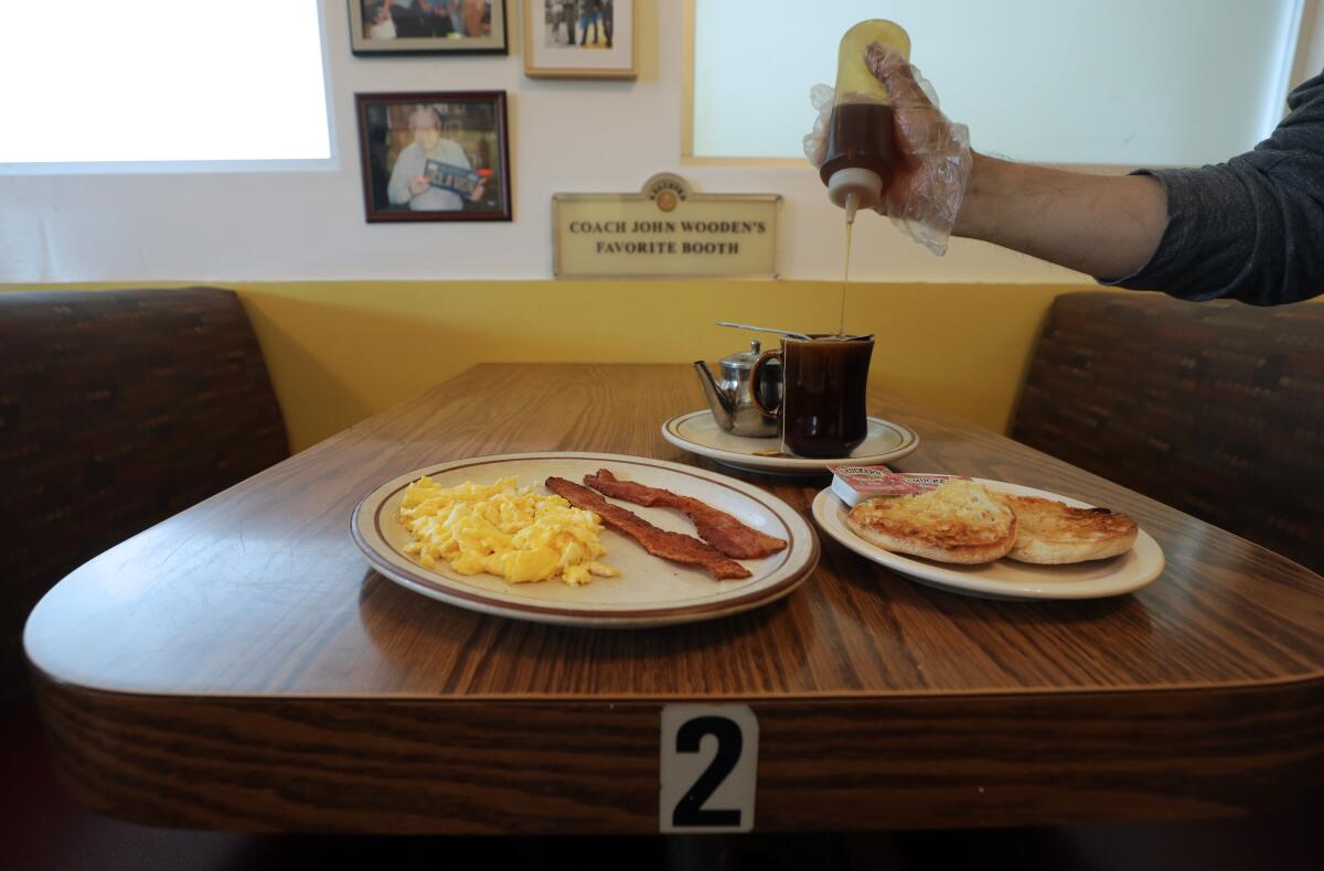 John Wooden's favorite booth and breakfast plate at VIP's Cafe.