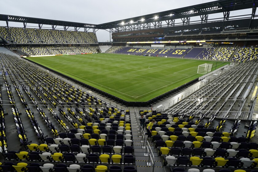 GEODIS Park, the new home of the Nashville SC MLS soccer team, is prepared for fans to attend the team's first practice in the 30,000-seat stadium Tuesday, April 12, 2022, in Nashville, Tenn. Nashville is scheduled to play their first game in the stadium May 1 against Philadelphia Union. (AP Photo/Mark Humphrey)