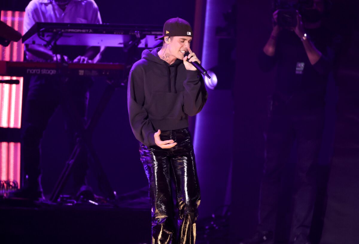 Justin Bieber performs onstage during the 64th Annual GRAMMY Awards.