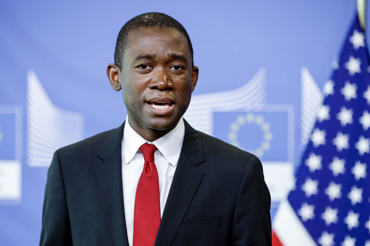 FILE - U.S. Deputy Secretary of the Treasury Wally Adeyemo speaks during a press conference at EU headquarters in Brussels, March 29, 2022. Adeyemo will travel to Mumbai and New Delhi for meetings with Prime Minister Narendra Modi’s office, the finance ministry, the Reserve Bank of India, and the Ministry of Petroleum and Natural Gas, among others. (Johanna Geron, Pool Photo via AP, File)